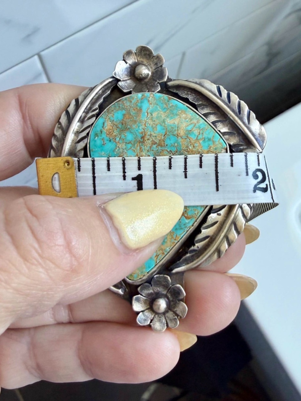 Turquoise Statement Ring with Floral Sterling Silver Setting - Picture 8 of 8
